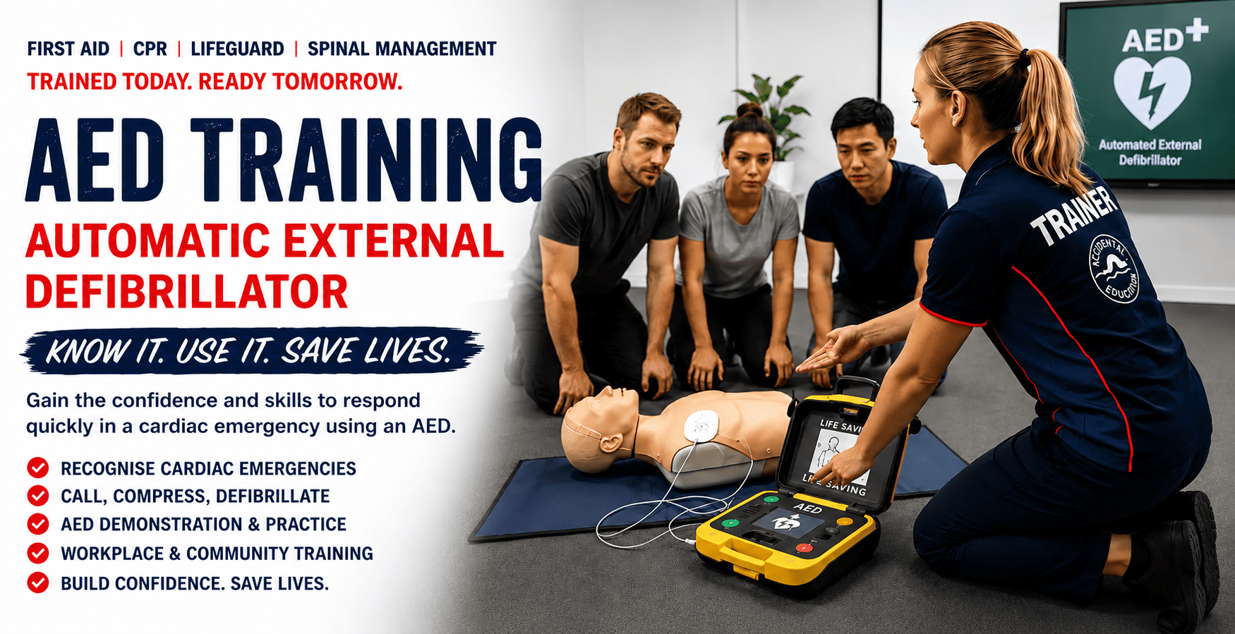 Emergency response trainer demonstrating the safe use of an Automated External Defibrillator (AED) during a workplace training course.