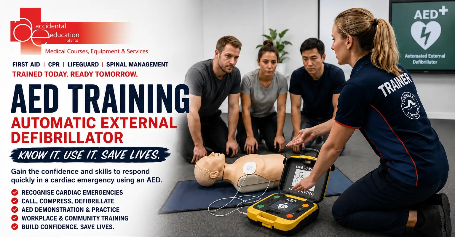 Workplace staff completing Automatic External Defibrillator (AED) training during a CPR emergency response course.