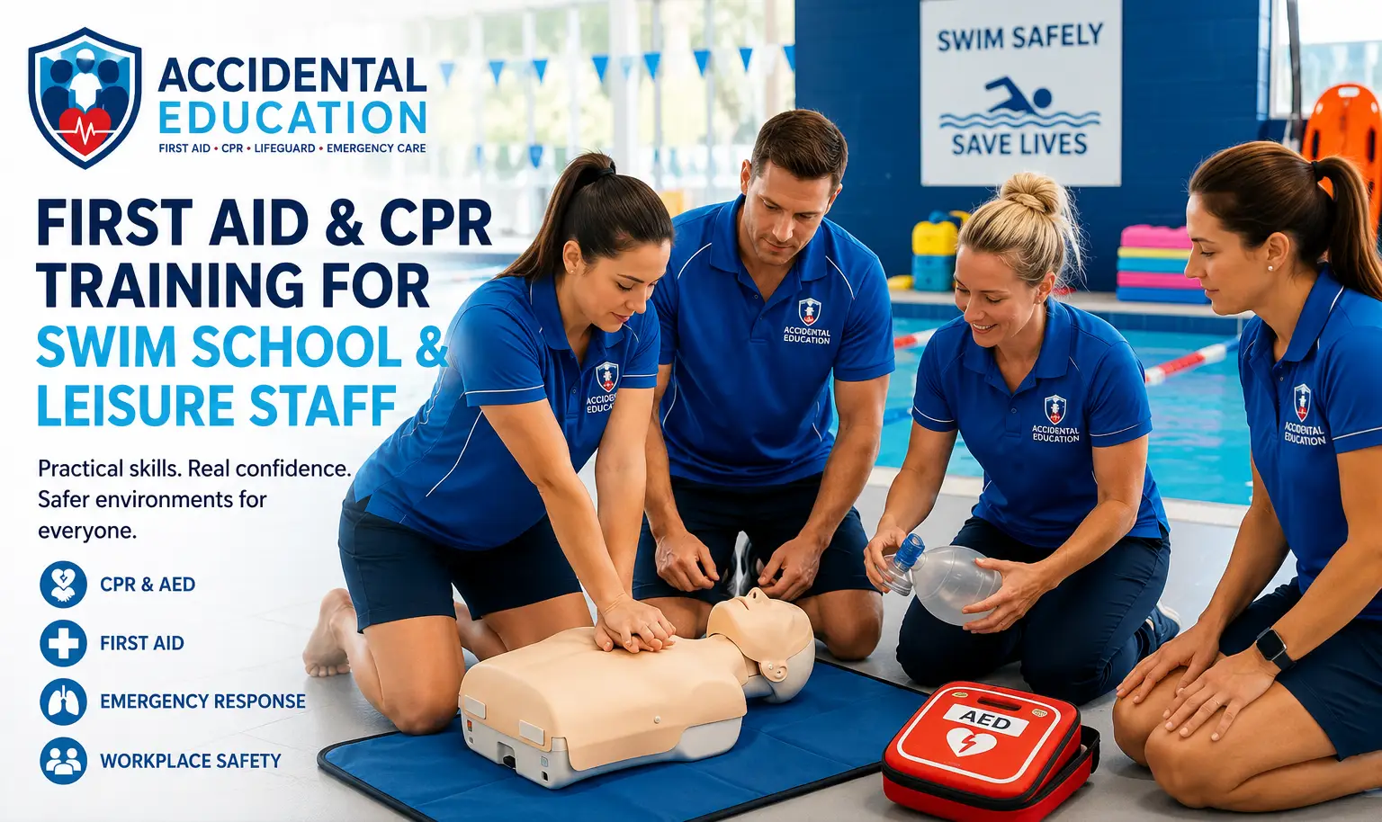 Professional leisure centre staff participating in emergency response and first aid training at a NSW recreation facility.