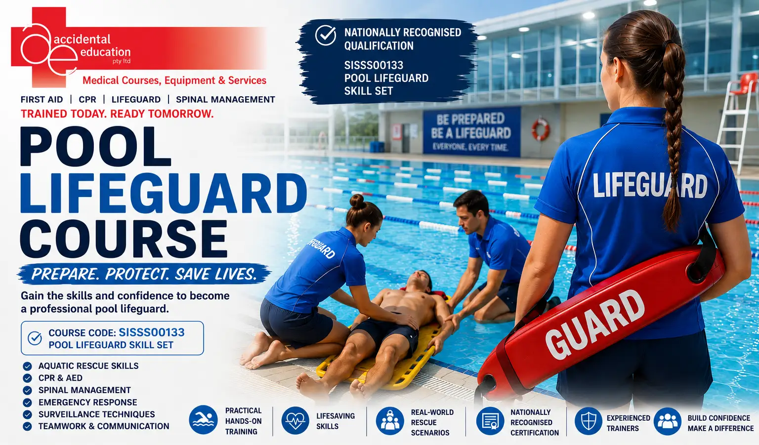Professional pool lifeguards completing annual refresher training at an aquatic centre.